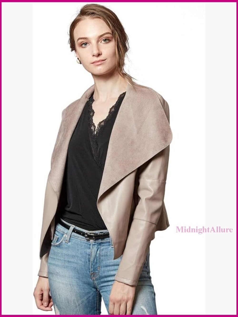Faux Leather Blazer Jacket Slim Fit Open Front Lapel Design
